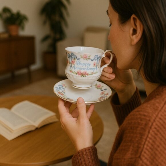 Rosina Other - Vintage Rosina Queens England  Happy Anniversary Cup & Saucer Roses Bone China